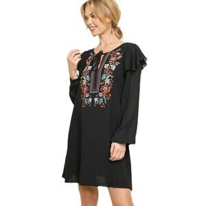 EUC UMGEE BOUTIQUE Black Floral Embroidered Tie Neck Dress/Tunic Colorful Sz L